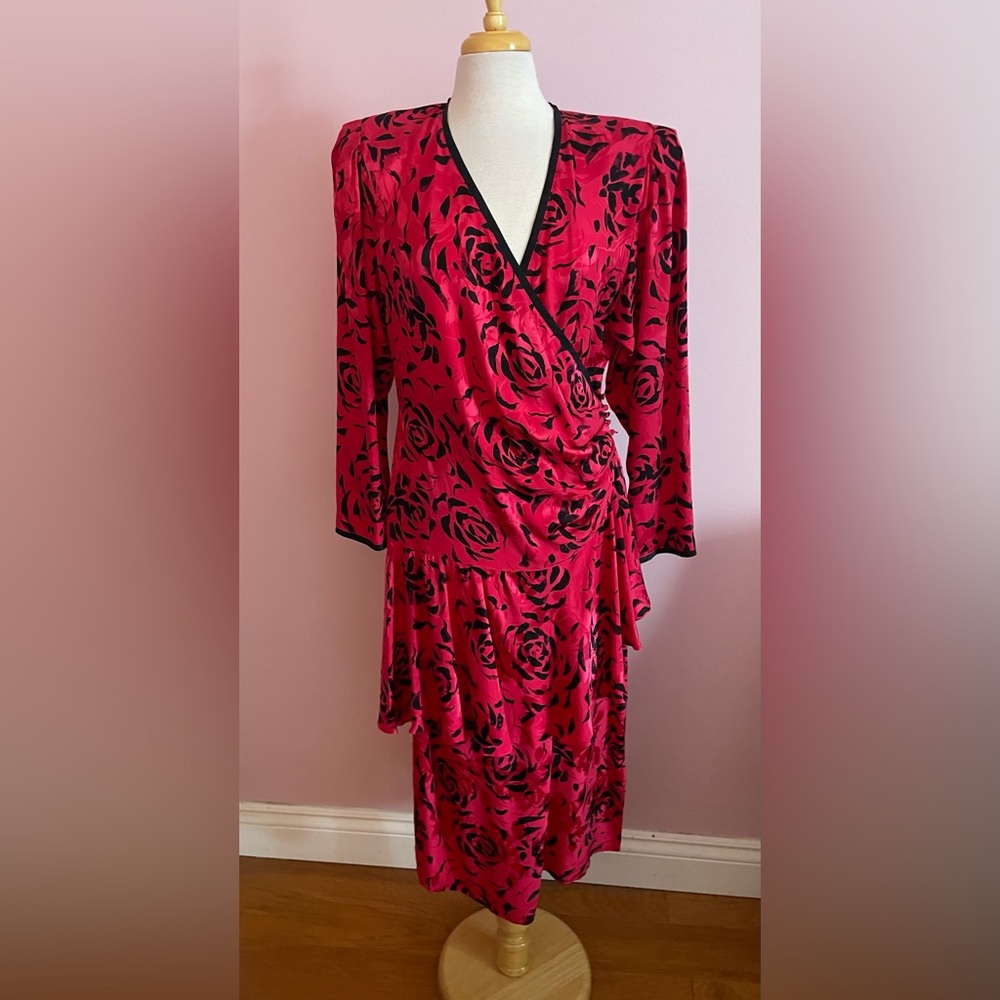 Vintage 80s Silk Pink and Black Floral Wrap Dress